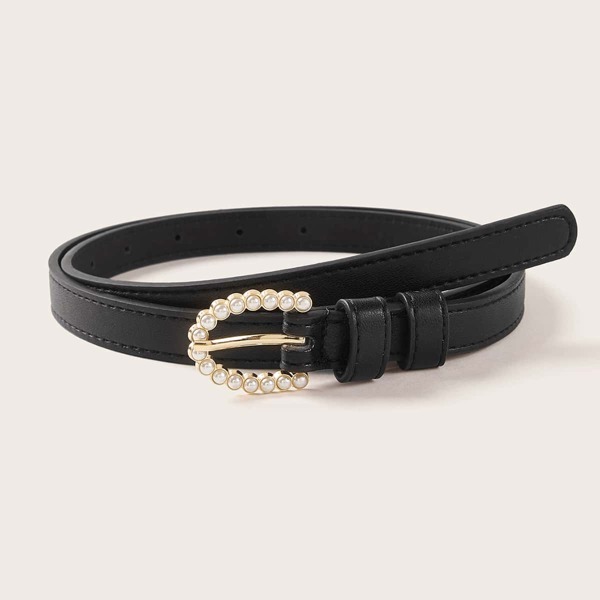 

Faux Pearl Beaded Buckle Stitched Belt, Black