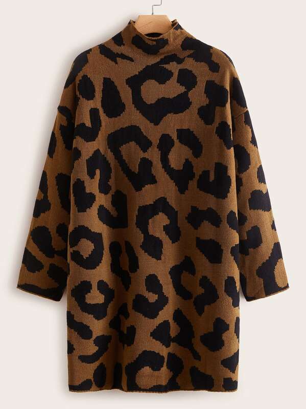 

Plus Mock-Neck Drop Shoulder Leopard Sweater Dress, Brown