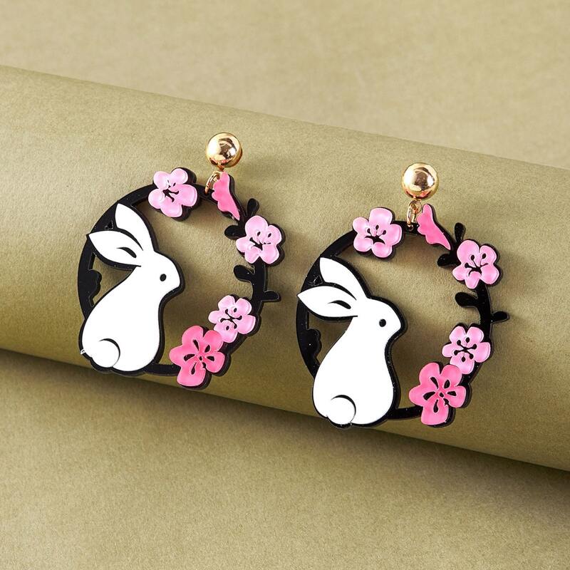 

1pair Rabbit & Flower Drop Earrings, Multicolor