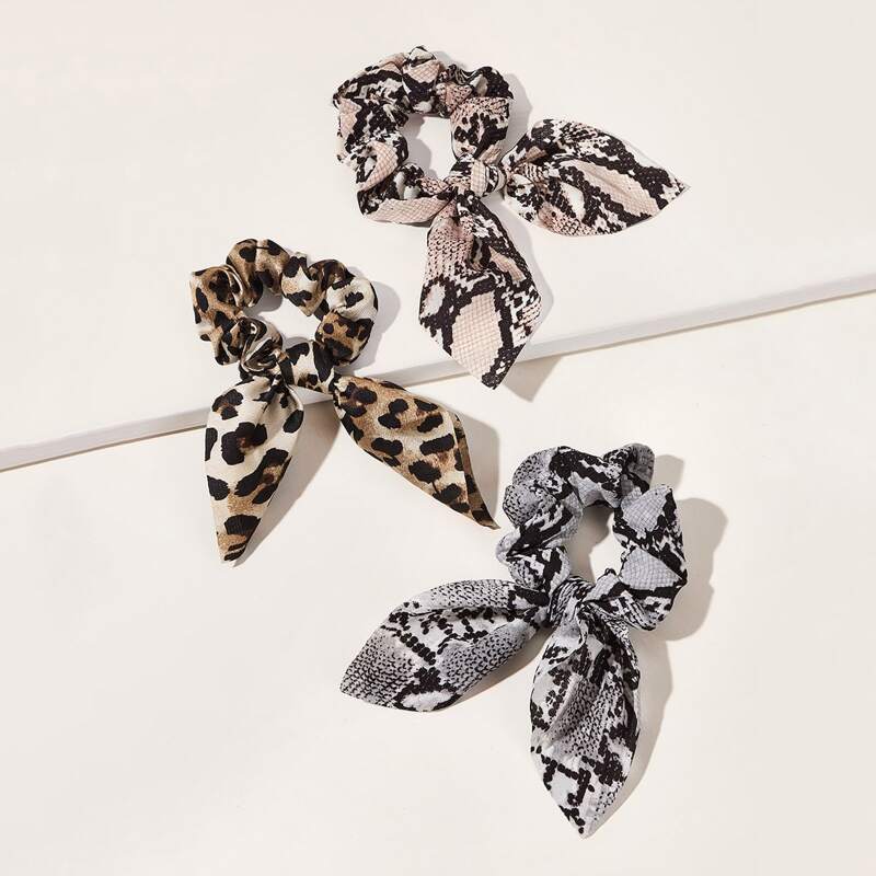 

3pcs Snakeskin & Leopard Pattern Scrunchie Scarf, Multicolor
