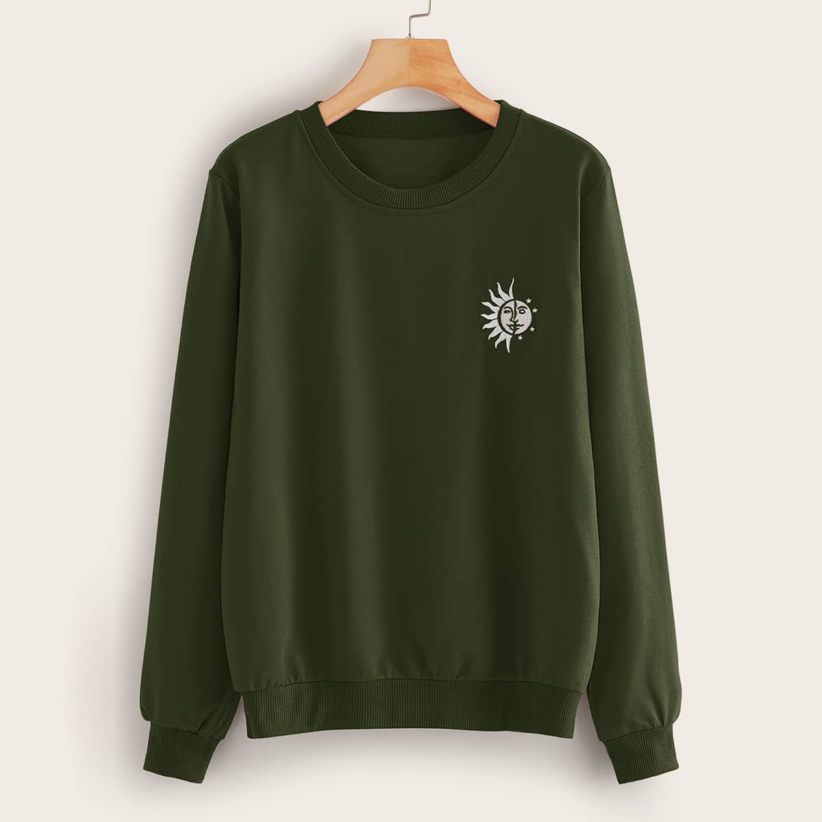 

Graphic Embroidered Round Neck Sweatshirt, Army green