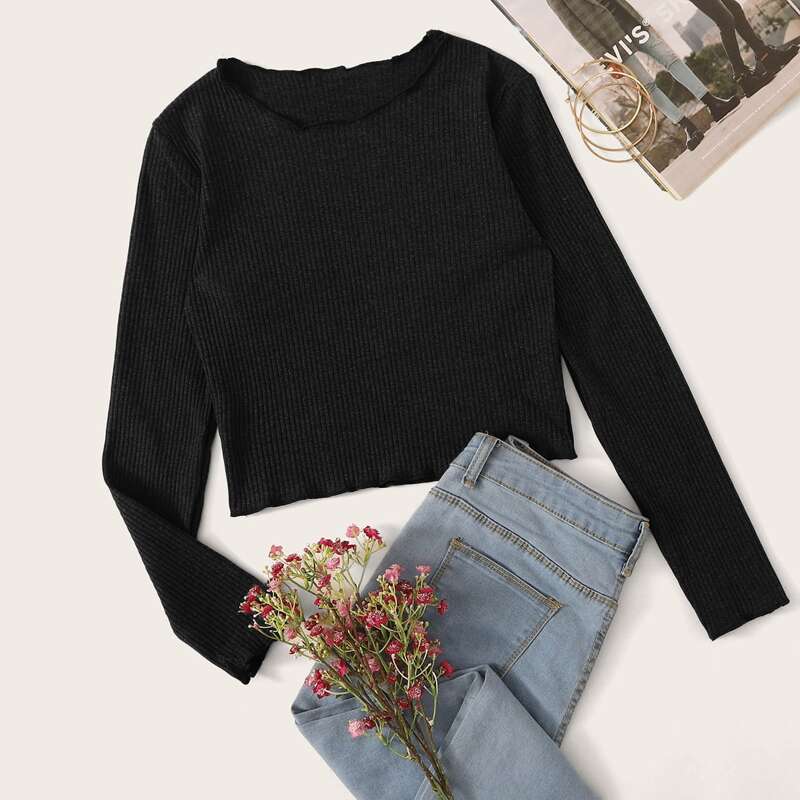 

Lettuce Trim Rib-Knit Tee, Black