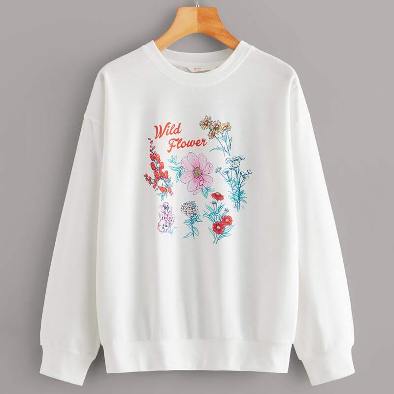 

Plants Print Drop Shoulder Sweatshirt, White