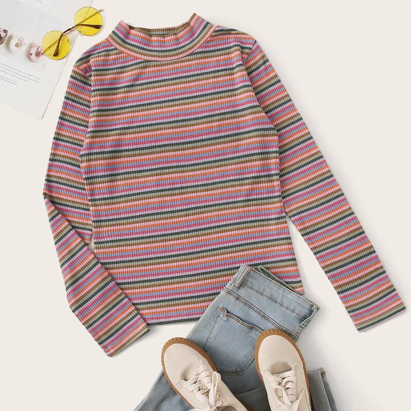 

Colorful Striped Mock Neck Rib-knit Tee, Multicolor