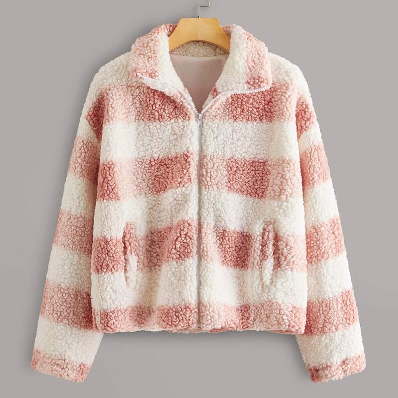 

Block Stripe Zip Up Teddy Jacket, Multicolor