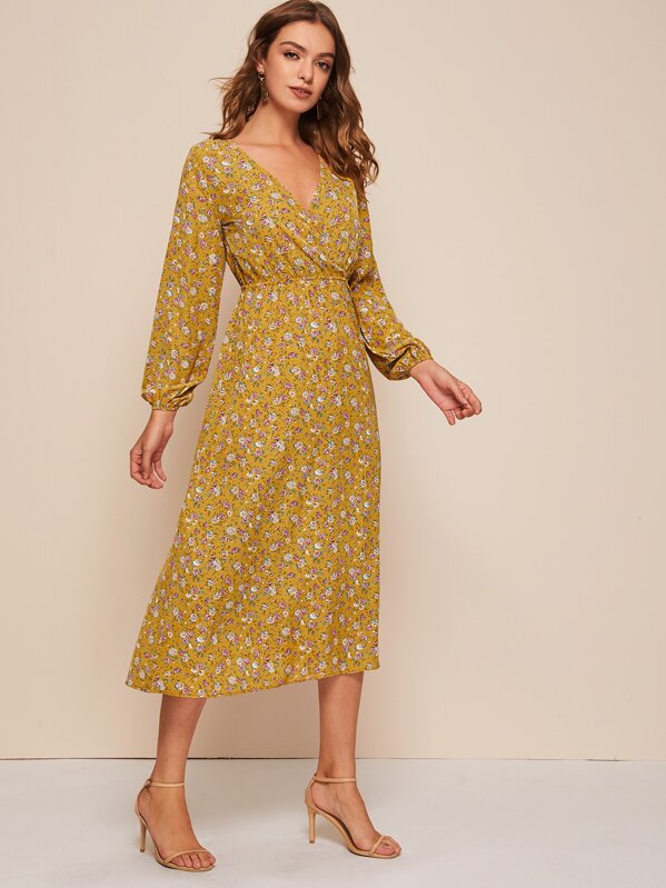 

Floral Print V-Neck Elastic Waist Dress, Yellow, Luiza