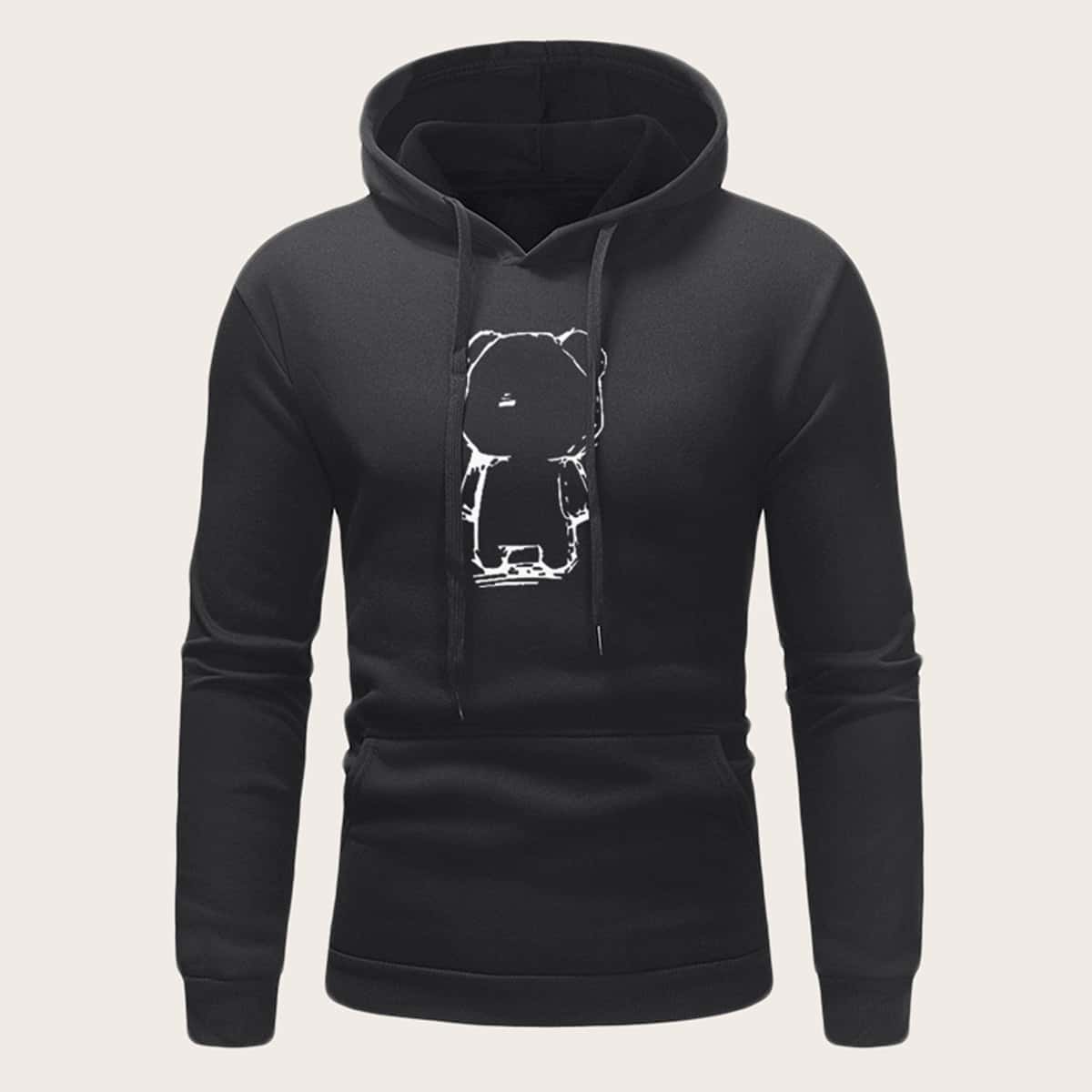 

Guys Cartoon Print Kangaroo Pocket Hooded Sweatshirt, Black