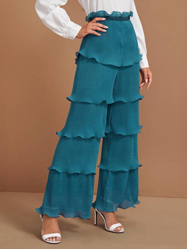 

Paperbag Waist Lettuce Trim Layered Pleated Wide Leg Pants, Blue, Gabe