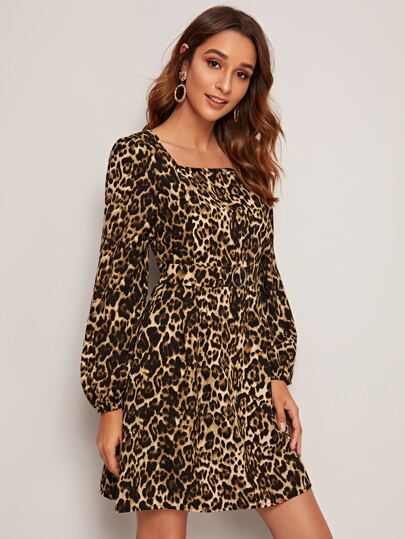Square Neck O-ring Front Cheetah Dress