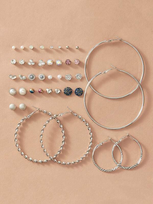 

20pairs Rhinestone & Pearl Decor Earrings, Multicolor