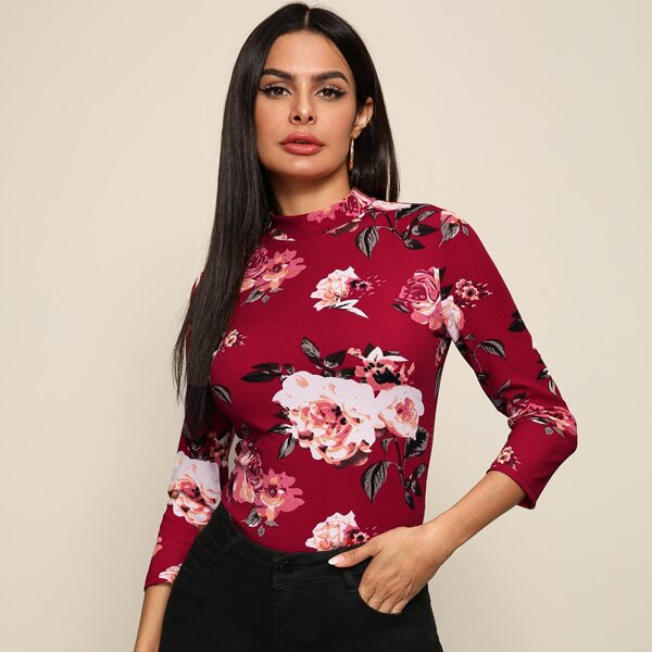 

Floral Print Mock-neck Slim Tee, Multicolor