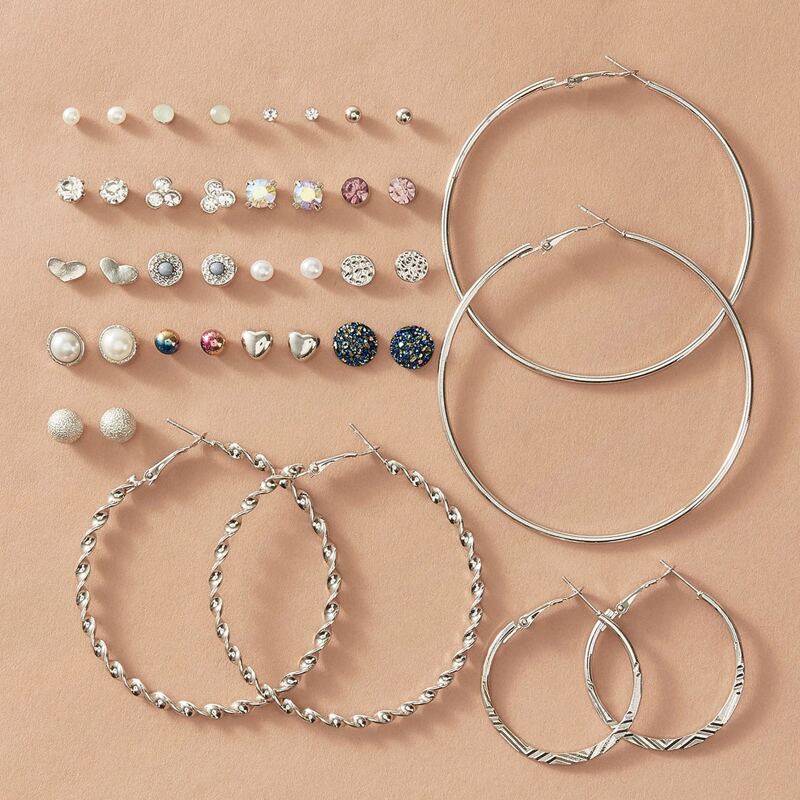 

20pairs Rhinestone & Pearl Decor Earrings, Multicolor