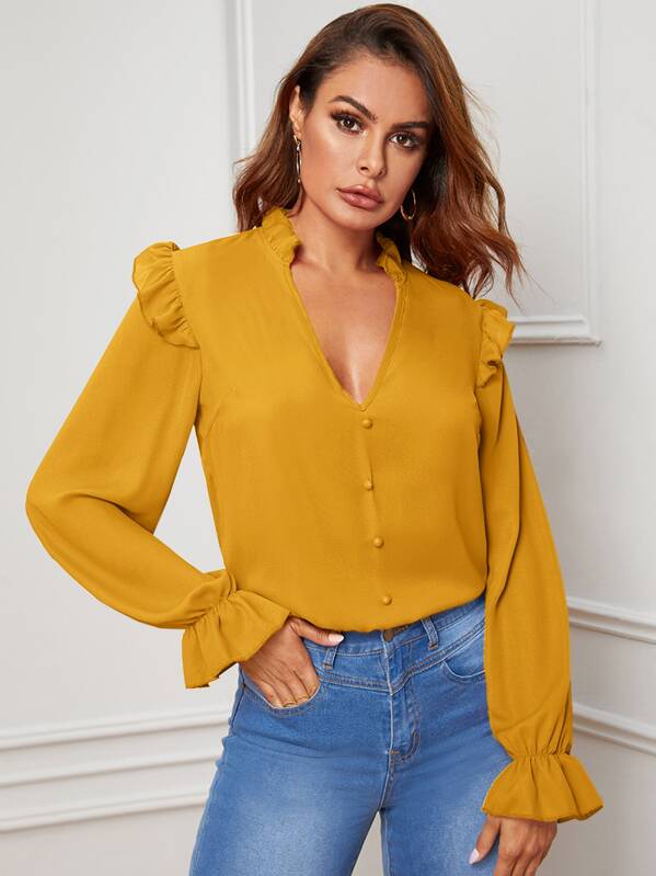 

Frill Trim Button Front Bell Sleeve Blouse, Yellow, Andy
