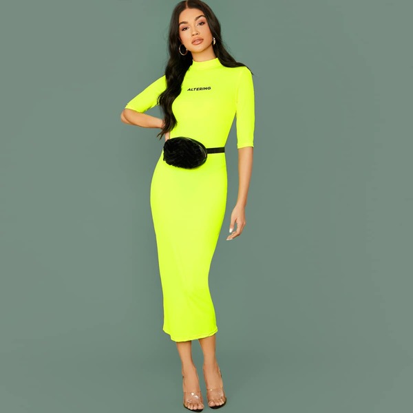 

Neon Lime Mock Neck Letter Graphic Pencil Dress Without Bag, Green bright