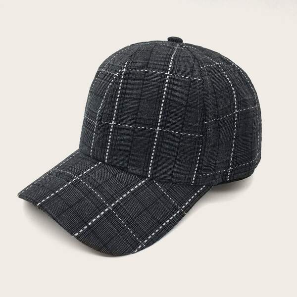 Men Plaid Pattern Stitched Baseball Cap, Grey
