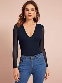 Plunging Neck Mesh Sleeve Fitted Tee