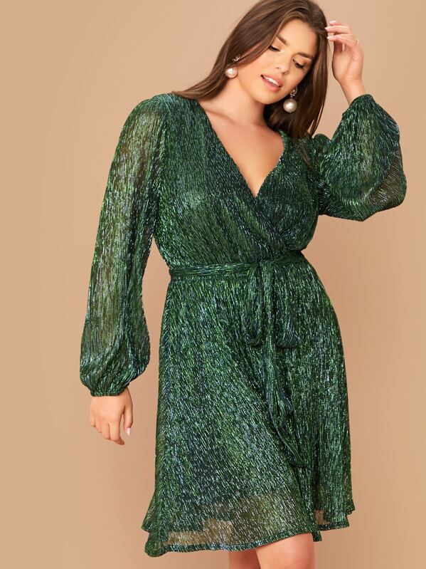 

Plus Lantern Sleeve Surplice Neck Belted Metallic Dress, Green, Lauren Searle