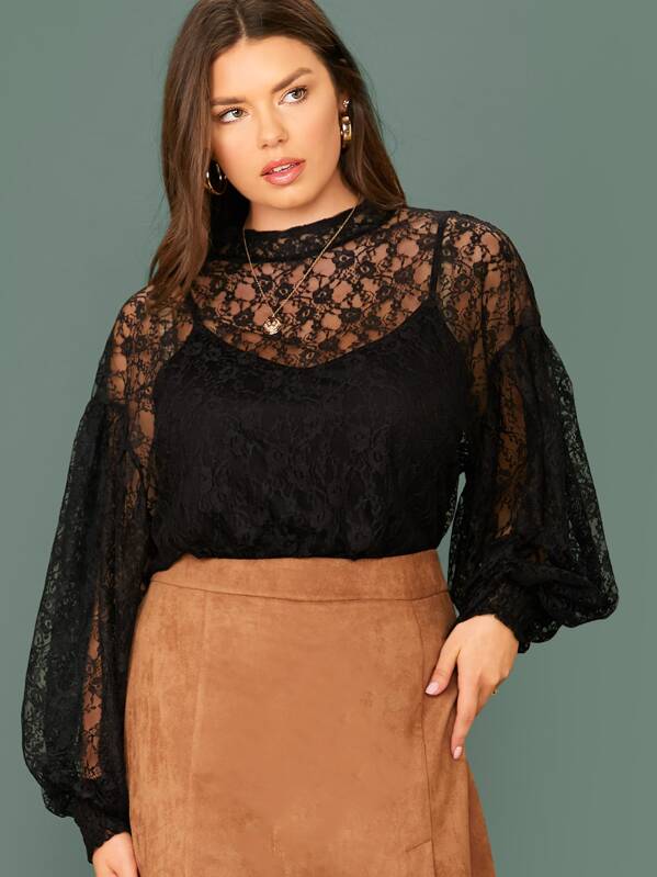

Plus Mock Neck Lantern Sleeve Sheer Lace Top Without Camisole, Black, Lauren Searle