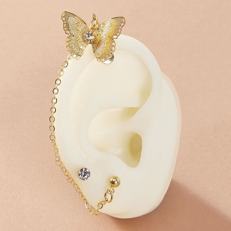 

1pair Butterfly & Rhinestone Decor Earrings, Gold