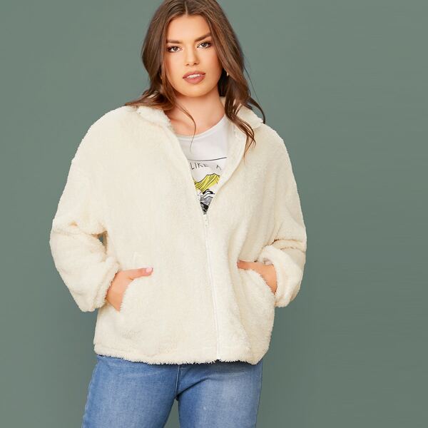 

Plus Zipper Front Pocket Detail Teddy Jacket, Beige pastel