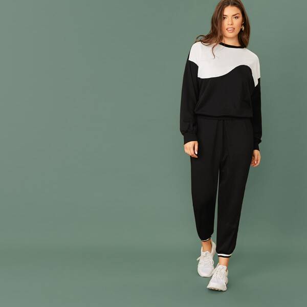 

Plus Drop Shoulder Two Tone Pullover & Joggers Set, Black and white