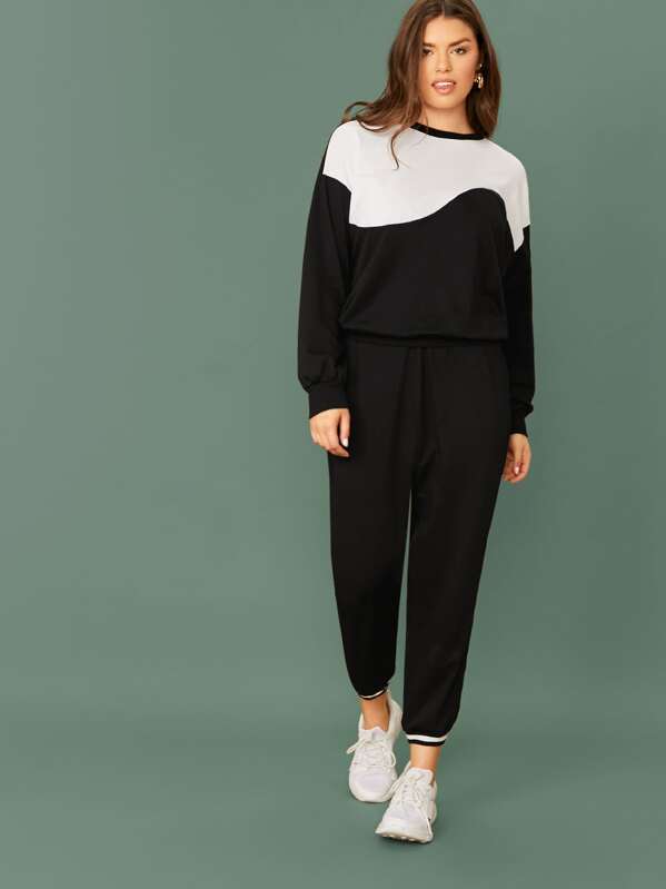 

Plus Drop Shoulder Two Tone Pullover & Joggers Set, Black and white, Lauren Searle