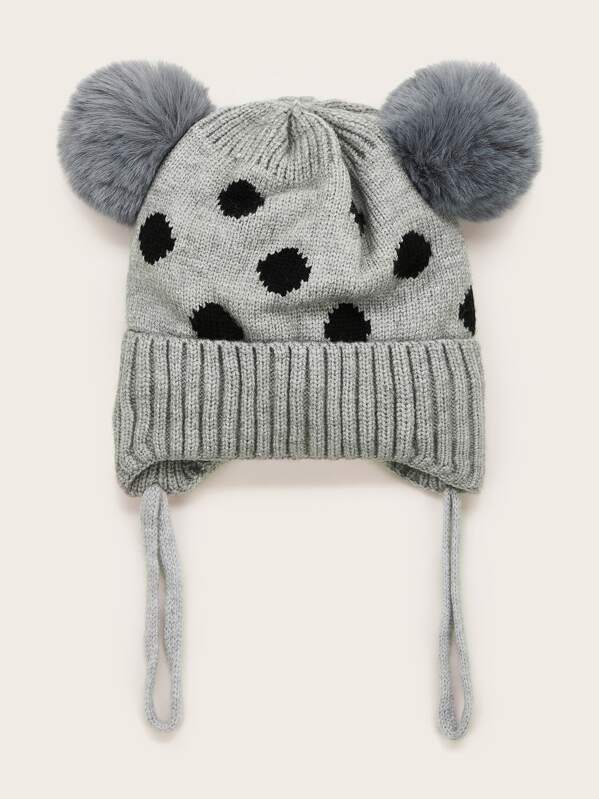 

Baby Polka Dot Pattern Pom-pom Decor Knit Beanie, Grey