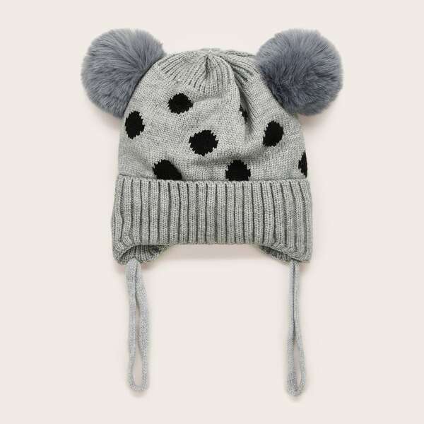 

Baby Polka Dot Pattern Pom-pom Decor Knit Beanie, Grey