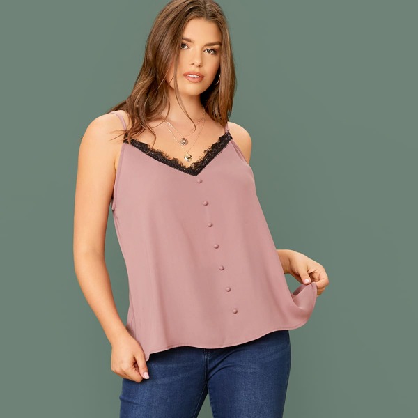 

Plus Buttoned Front Lace Trim Cami Top, Pastel dusty pink