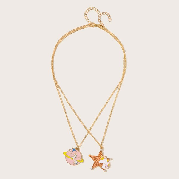 

2pcs Girls Planet & Star Charm Necklace, Gold
