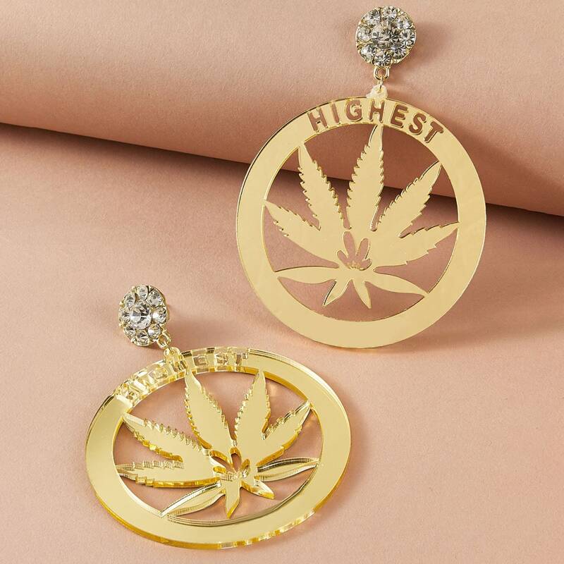 

1pair Rhinestone Decor Maple Leaf Drop Earrings, Gold