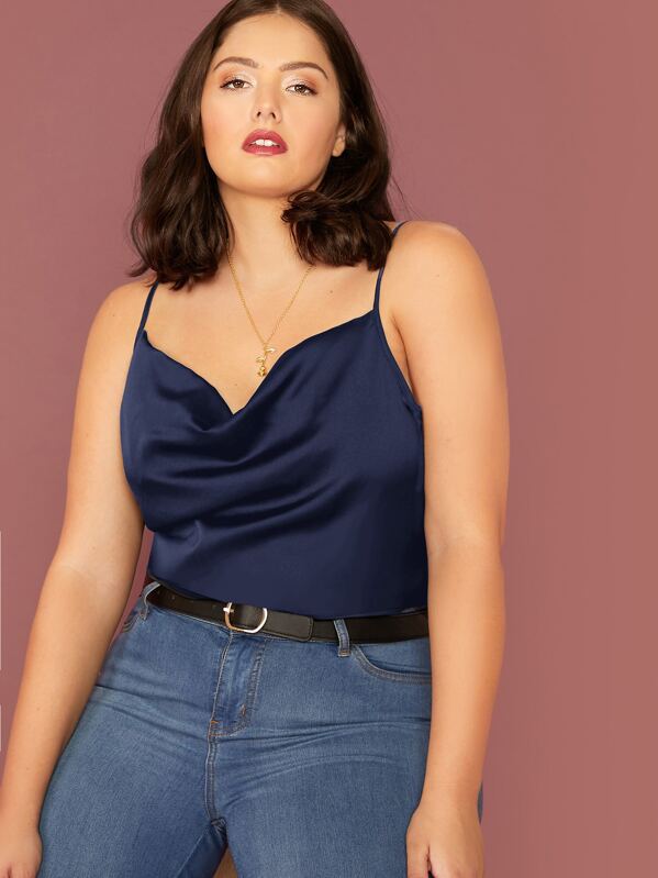 

Plus Cowl Neck Satin Cami Top, Navy, Marcelle Pallais