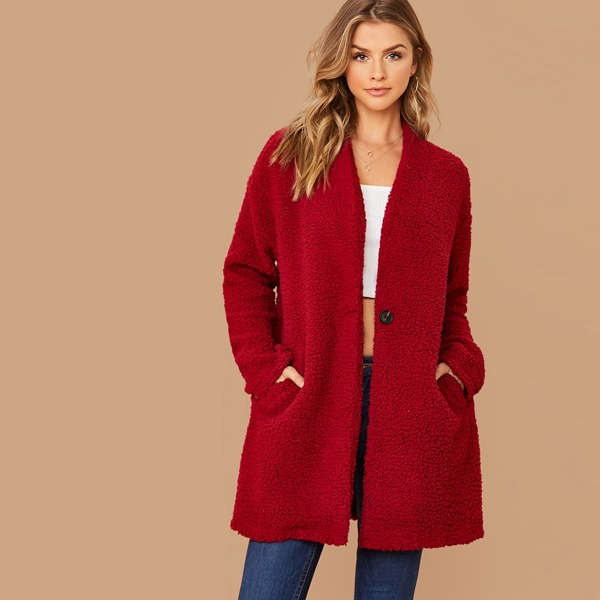 

Single Buttoned Slant Pocket Teddy Coat, Red