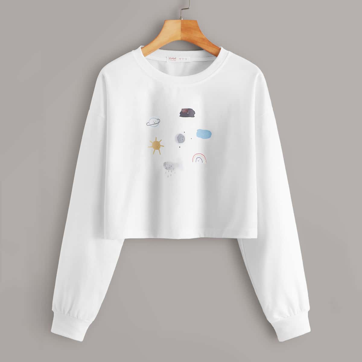 

Cartoon Weather Icons Print Crop Sweatshirt, White