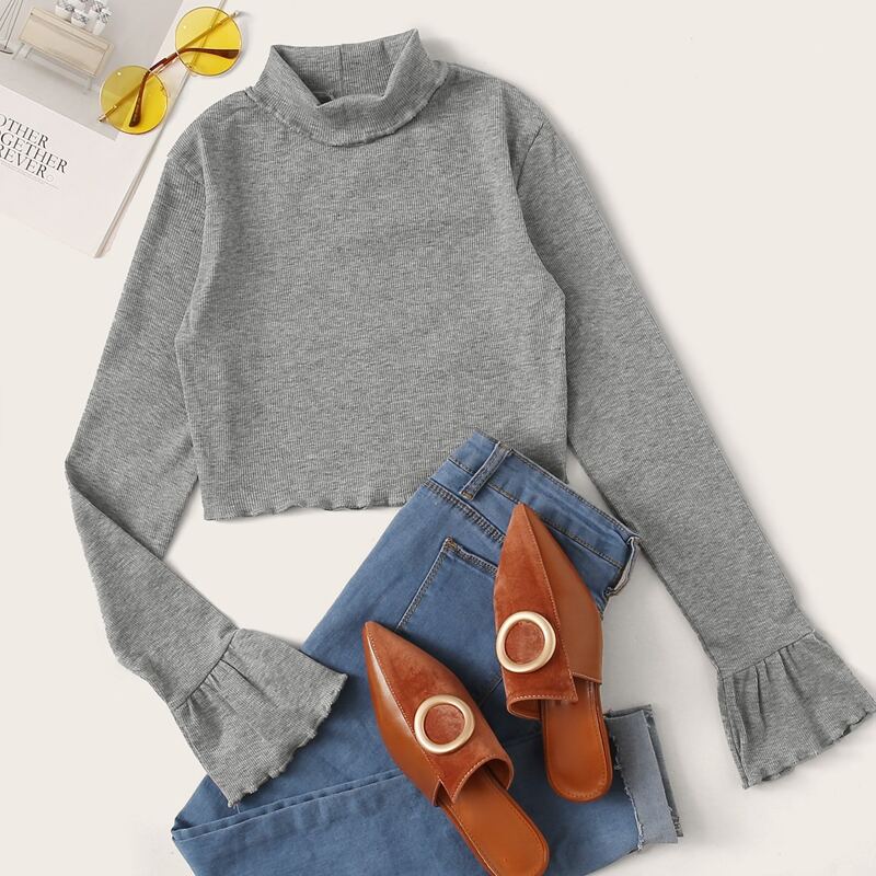 

Lettuce Trim Solid High Neck Tee, Grey