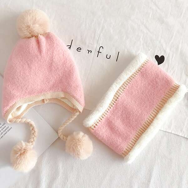 

2pcs Girls Fluffy Pom Pom Decor Knit Scarf, Pink