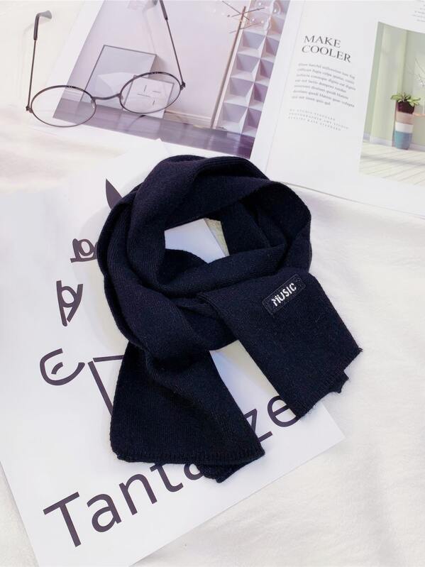 

Kids Letter Patched Knit Scarf, Black