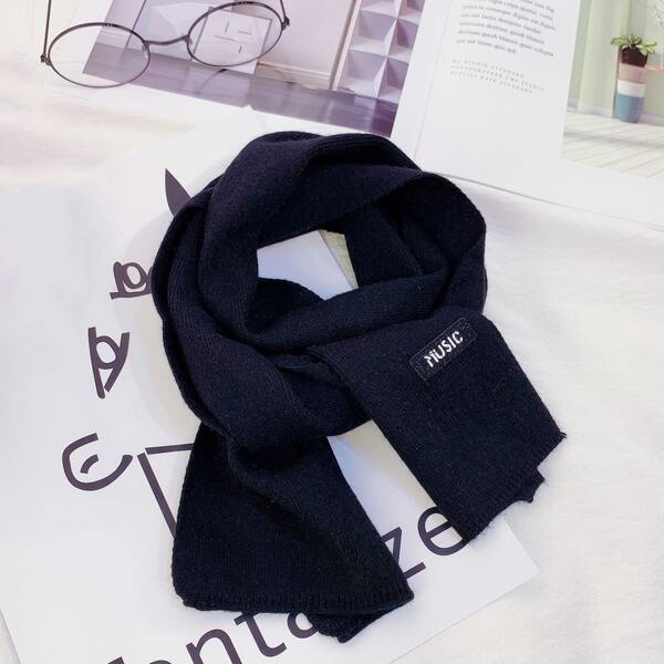 

Kids Letter Patched Knit Scarf, Black