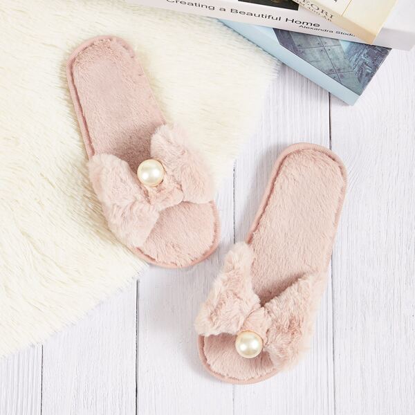 

Open Toe Faux Pearl Decor Fluffy Slippers, Pink