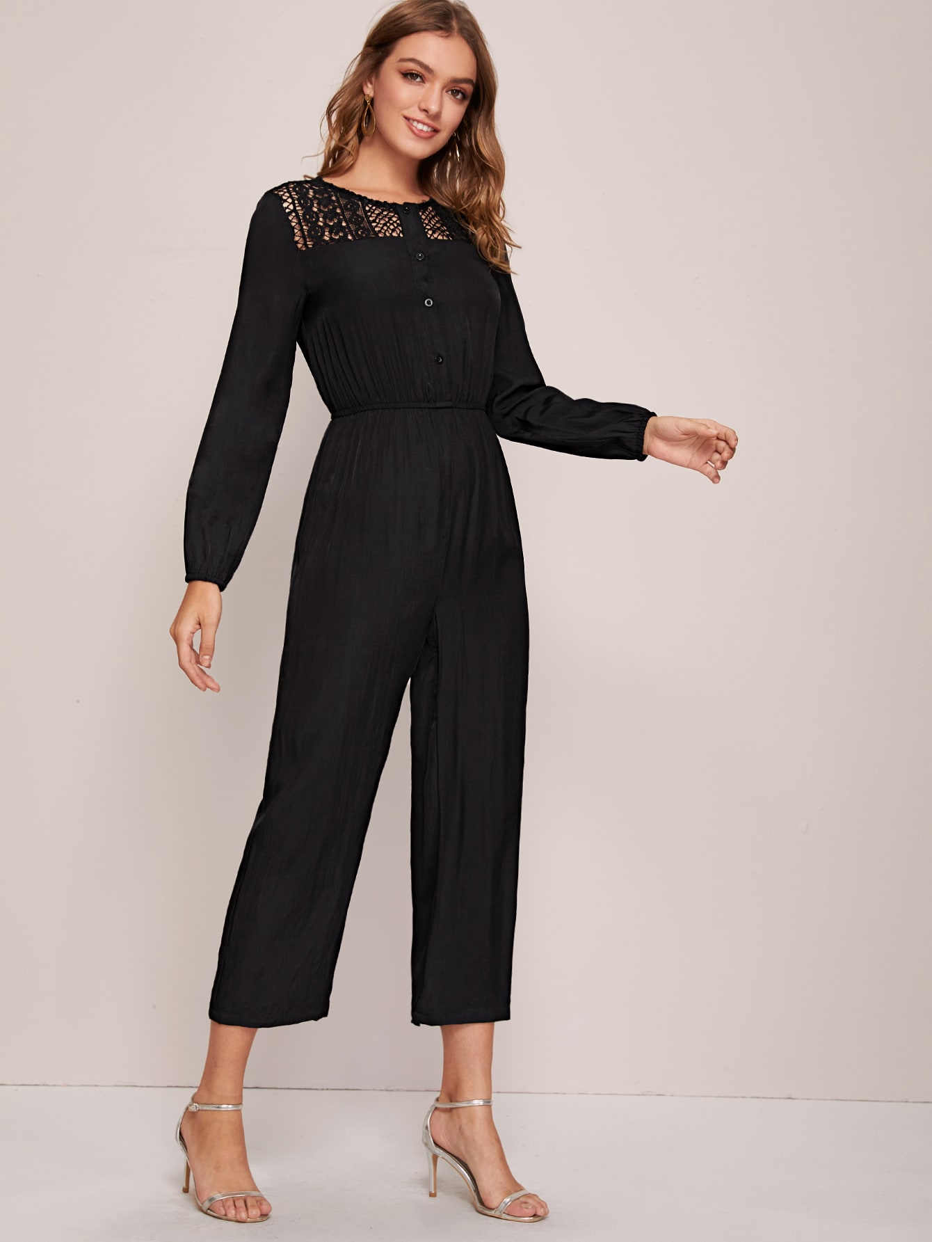 Guipure Lace Yoke Button Front Jumpsuit pictures