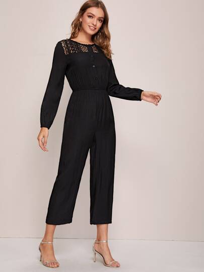 Guipure Lace Yoke Button Front Jumpsuit