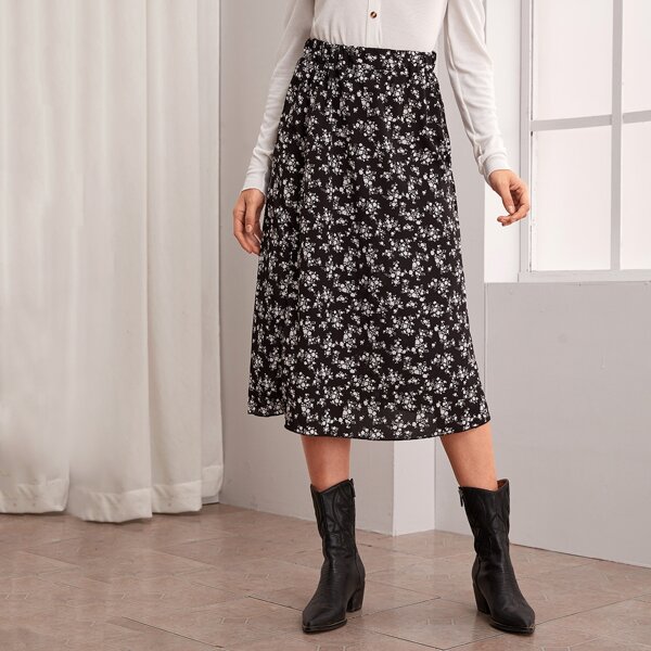 

Floral Print Elastic Waist Skirt, Black and white