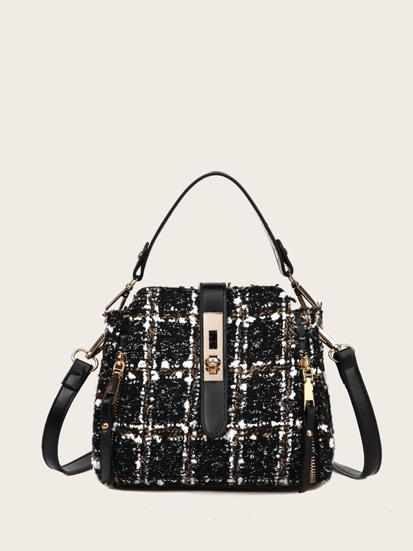 

Twist Lock Tweed Satchel Bag, Black