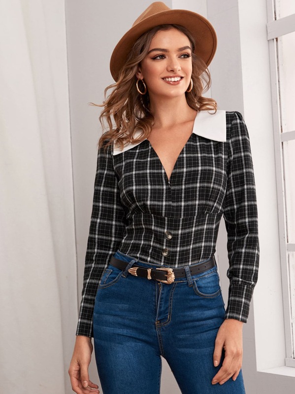 

Plaid V-Neck Button Detail Blouse, Black, Luiza