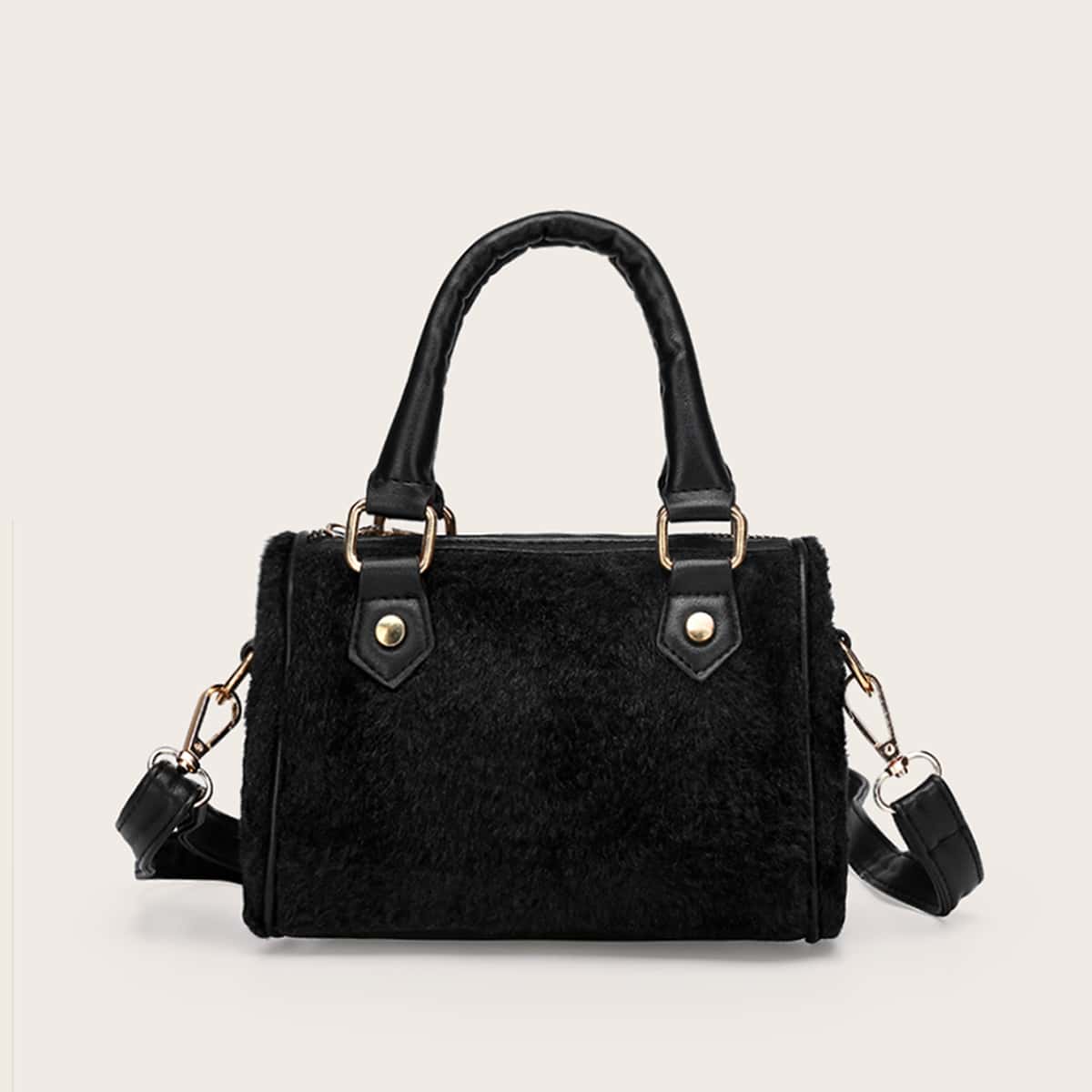 

Faux Fur Fully Covered Satchel Bag, Black