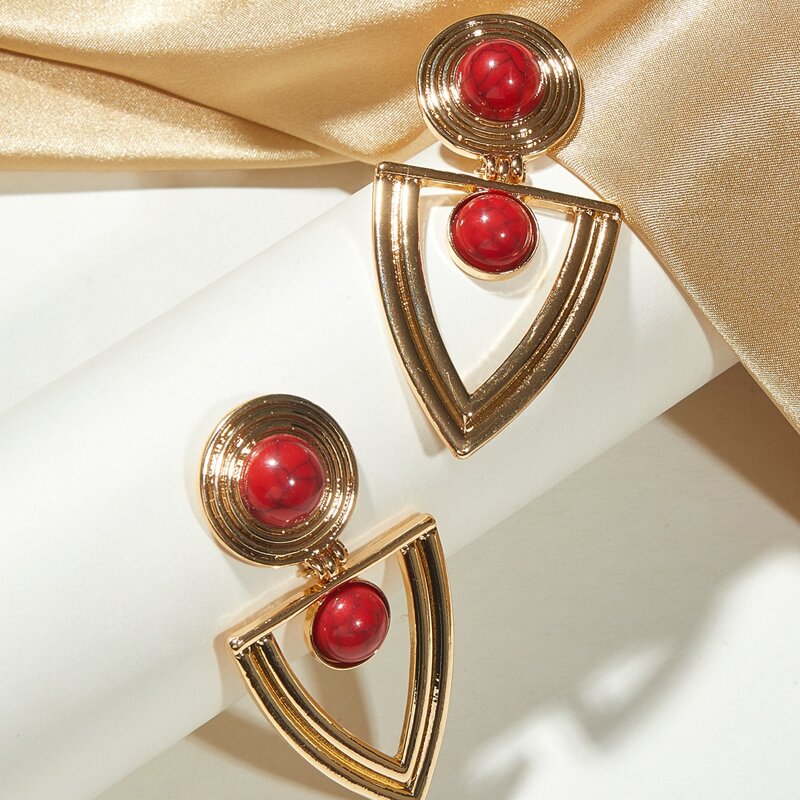 

1pair Textured Geometric Drop Earrings, Red