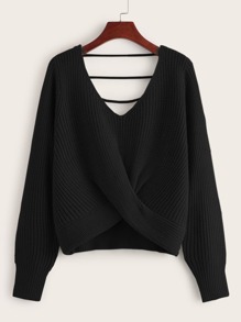 Crossover Double V-neck Ribbed Knit Sweater