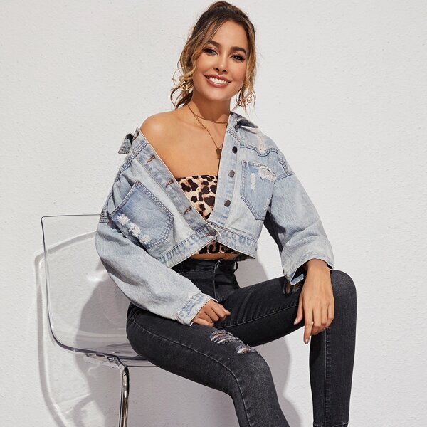 

Ripped Pocket Front Denim Jacket, Blue