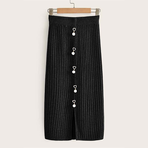 

Split Hem Pom Pom Detail Sweater Skirt, Black