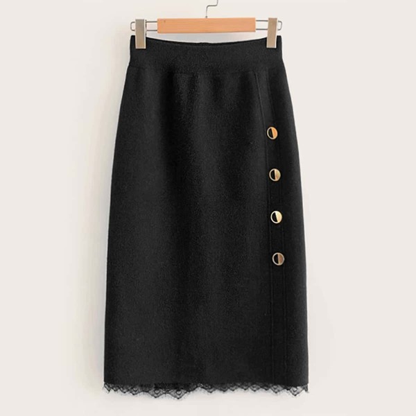 

Contrast Lace Hem Button Side Sweater Skirt, Black